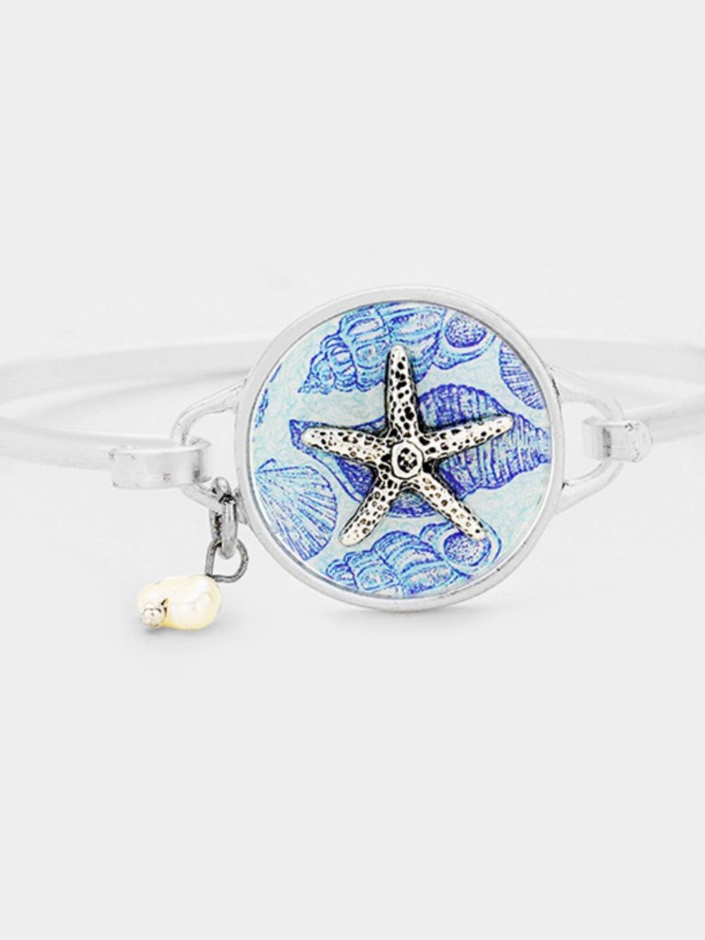 Patterned Starfish Pearl Charm Hook Bangle Bracelet - Nautical Beach Jewelry